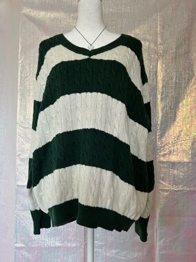 Brandy Melville Green & White Striped Cable-Knit V-Neck Sweater